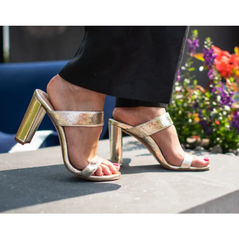 Inez Sara Metallic Leather Slip On Double-Strap Block Heel Sandals Gold 9