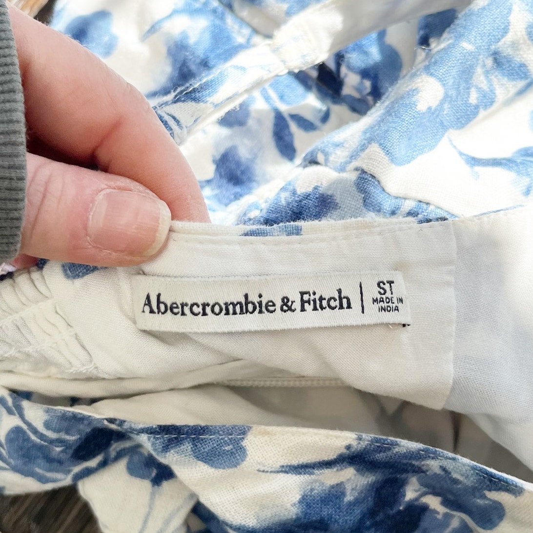 Abercrombie & Fitch Floral Mini Linen Blend Dress Blue White Small Tall