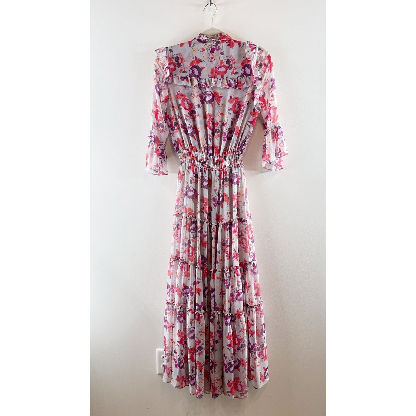 MISA Los Angeles Pamelina 3/4 Sleeve Ruffled Maxi Shirt Dress Lilac Floral XS