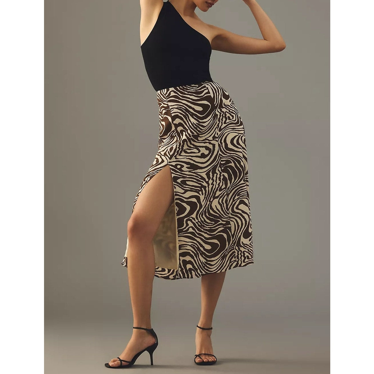 Maeve Anthropologie The Lille Side-Slit Midi Skirt Brown Swirl 2