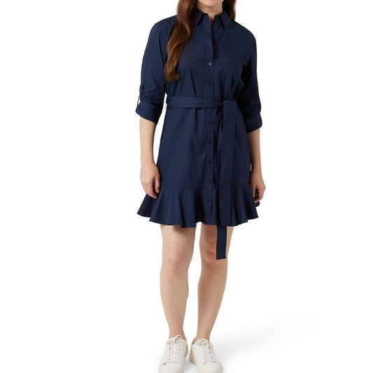 Chaps Button Up Ruffle Hem Long Sleeve Shirt Mini Dress Navy Blue Small