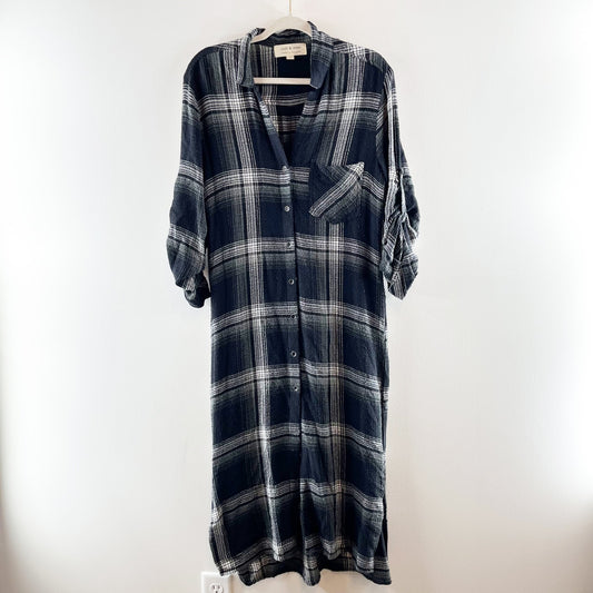 Cloth & Stone Cotton Plaid Flannel Button Up Midi Shirt Dress Black Gray Small