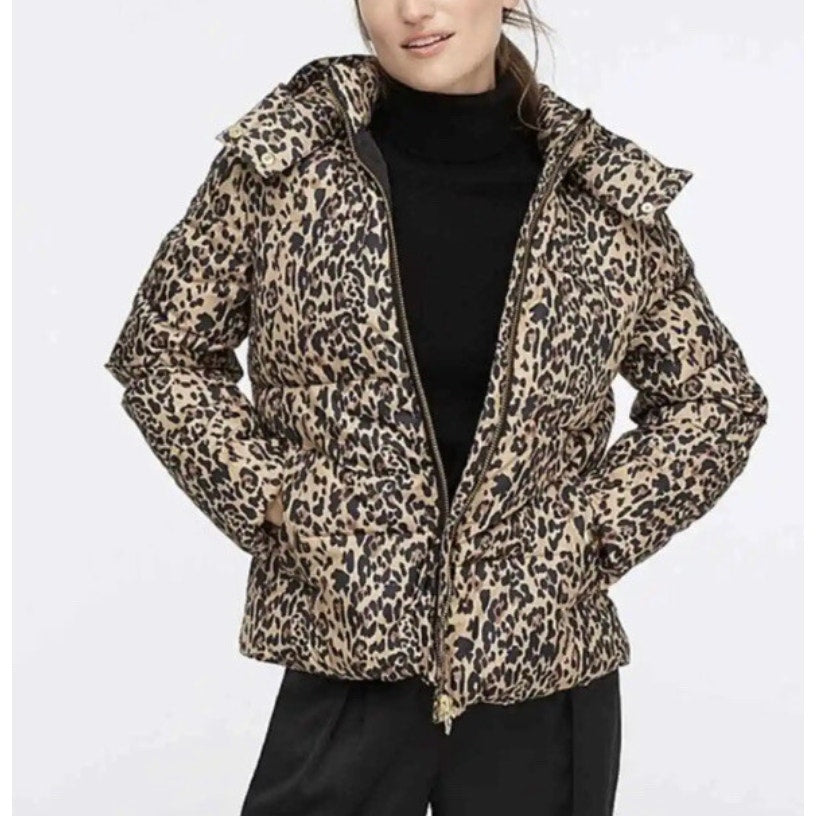 J. Crew Leopard Animal Print Full Zip Snow Puffer Coat Jacket Brown Black Small