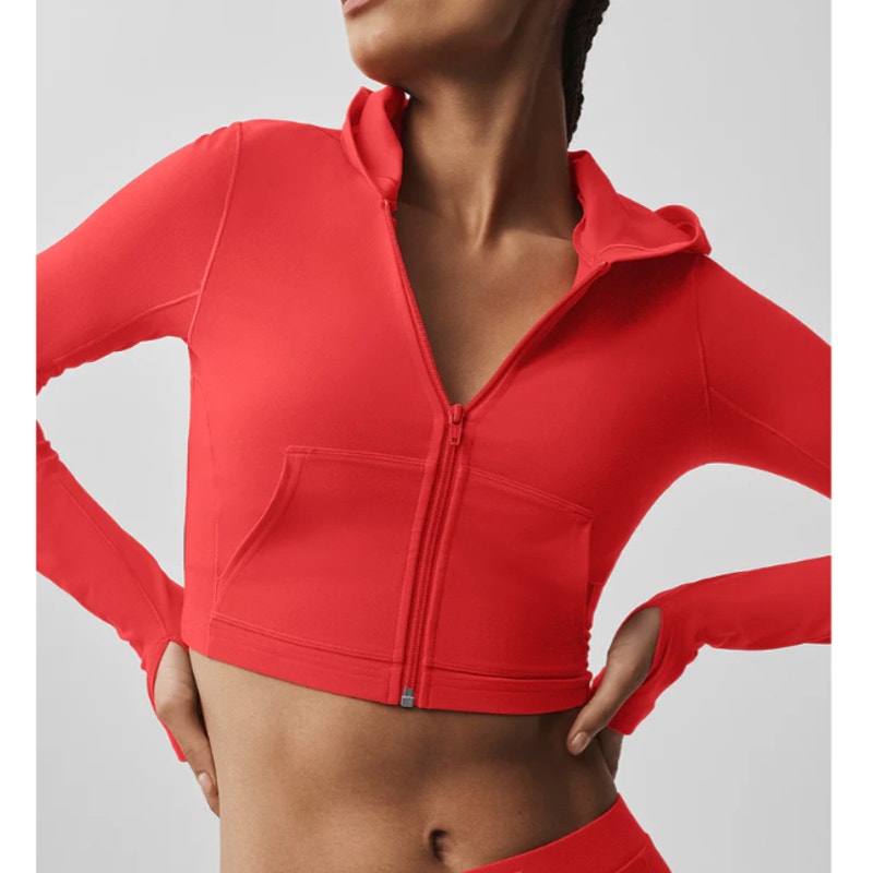 Alo Alosoft Sincere Fitted Full Zip Cropped Hoodie Jacket Bright Red Small