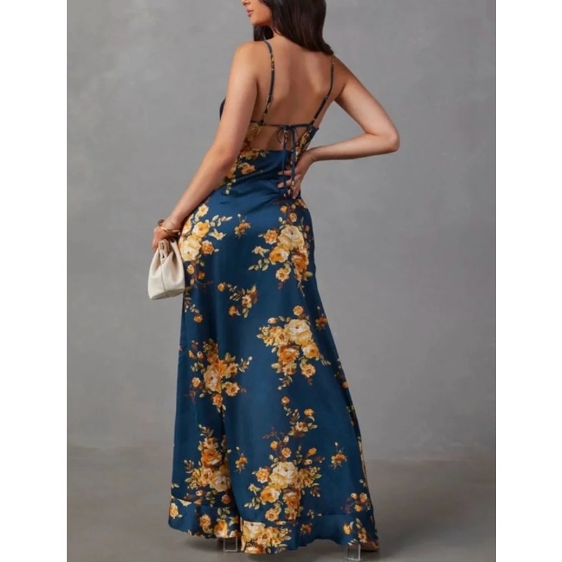 VICI Satin Floral Slit Maxi Slip Dress Green Large