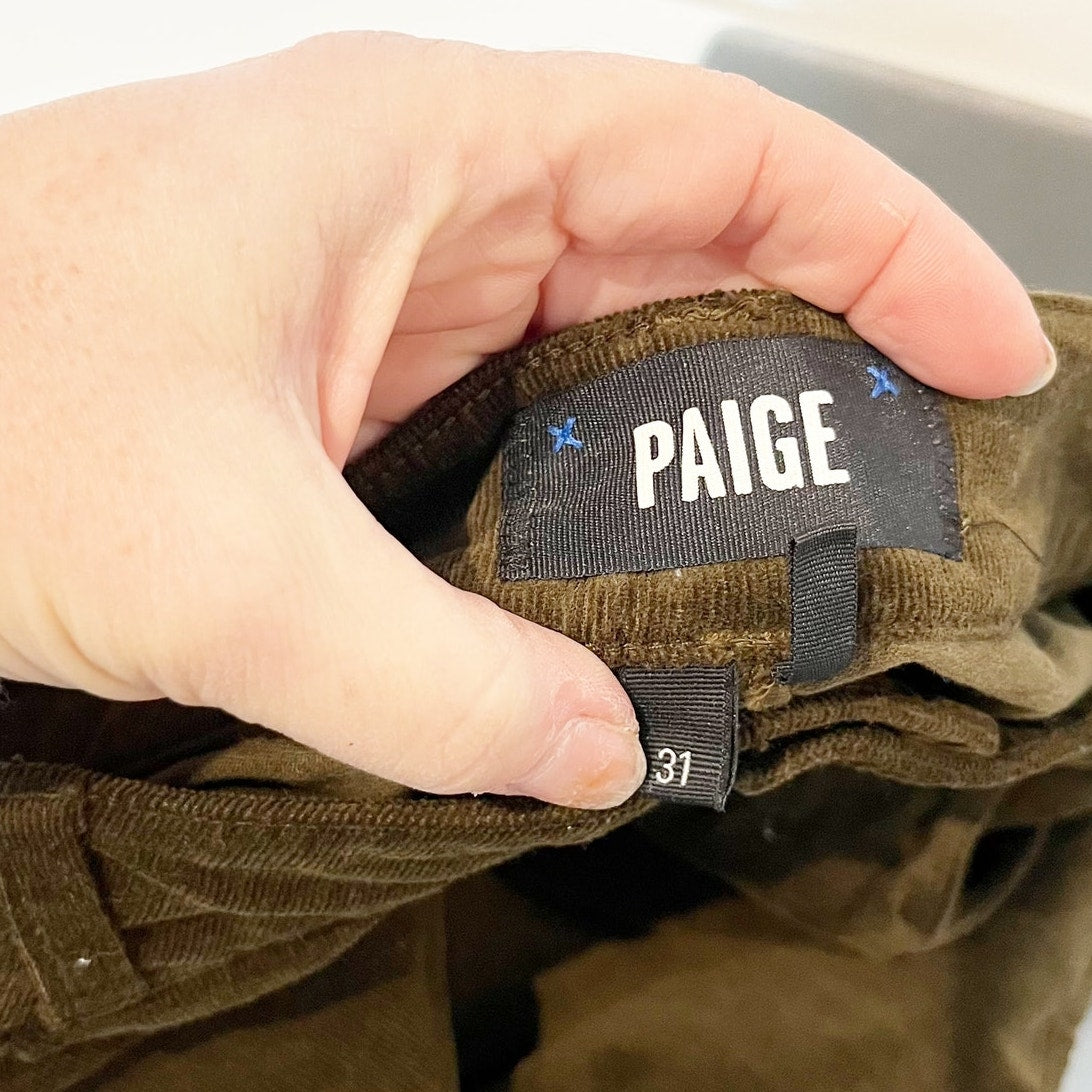 Paige Mid Rise Straight Leg Corduroy Pants in Brushed Olive Green 31