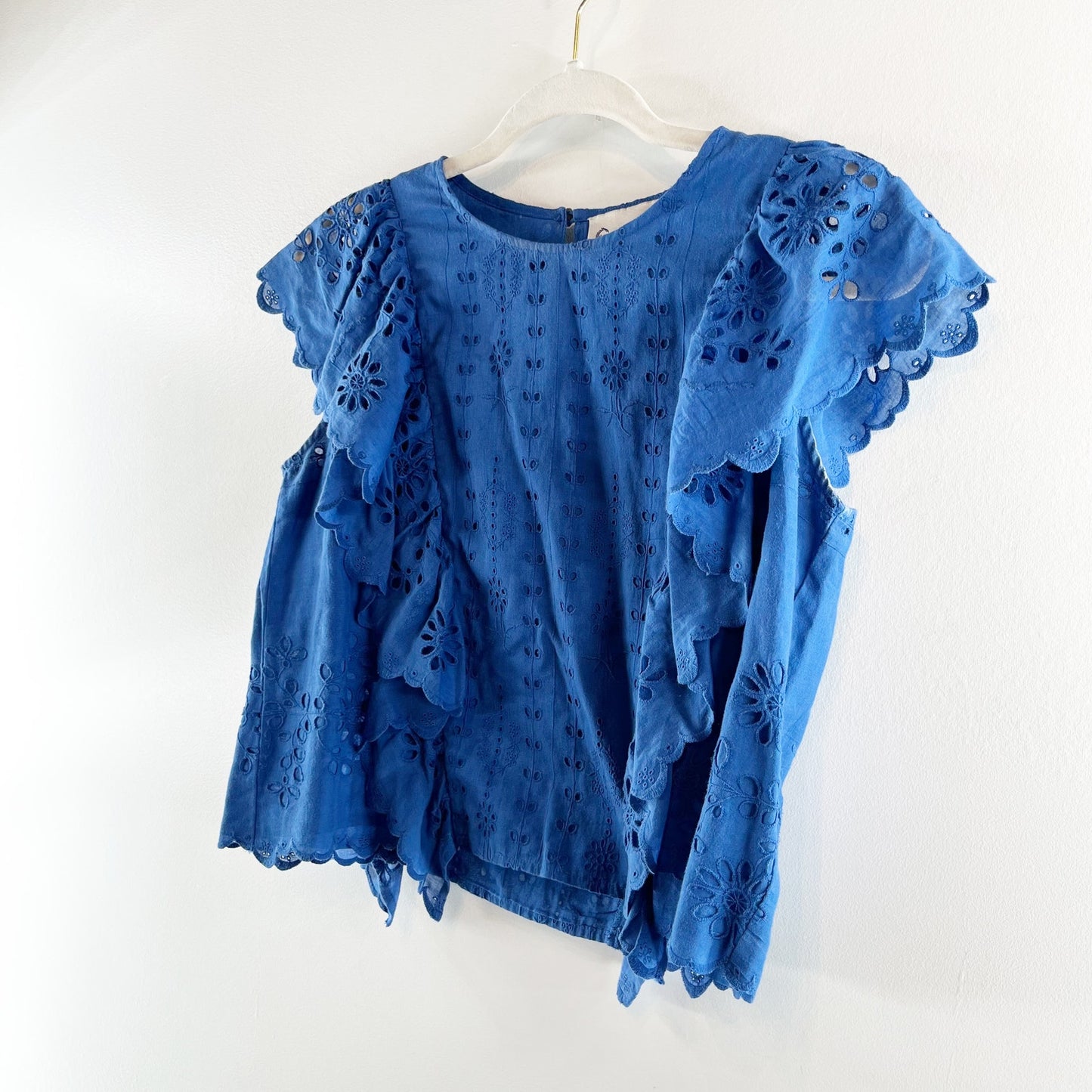 Sea New York Cropped Eyelet Ruffle Cotton Top Blouse Blue 4