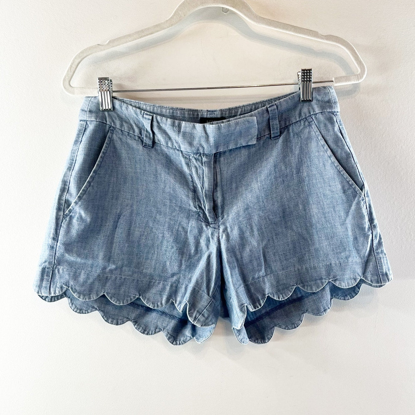 J. Crew Mid-Rise Flat Front Chambray Short with Scalloped Hem Blue 2