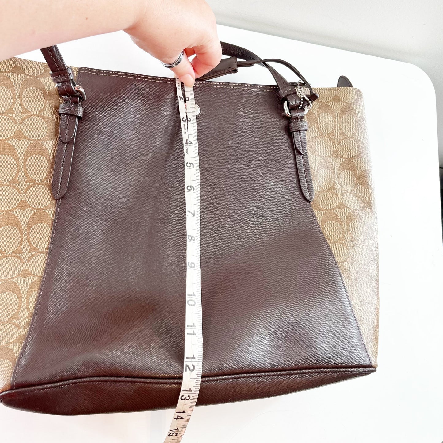 Coach Peyton Leather Canvas Signature C Tote Purse Bag Brown