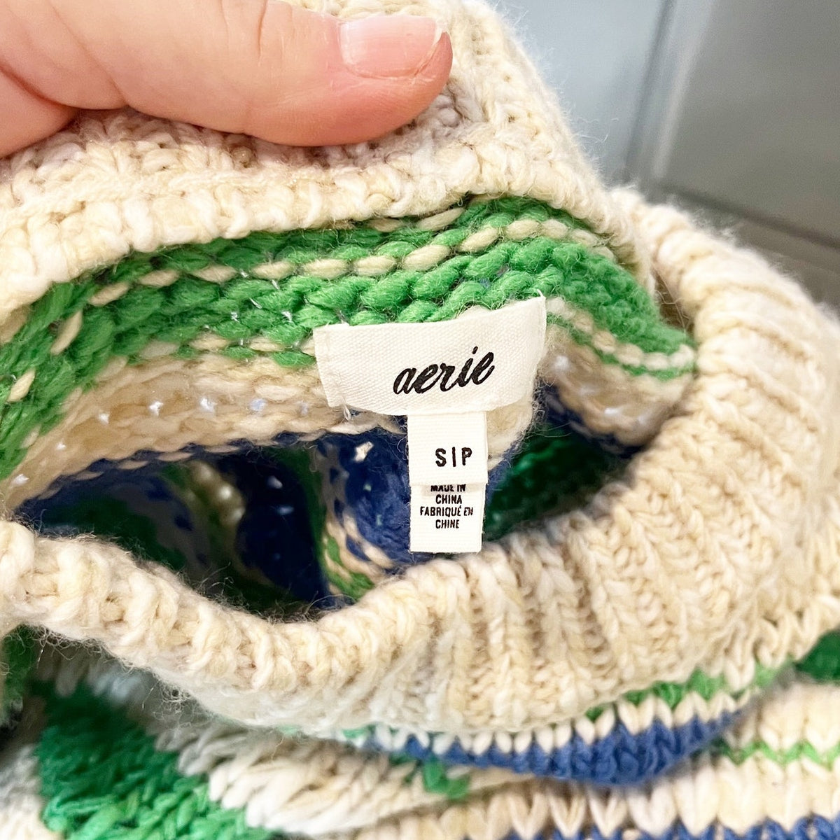 Aerie Long Sleeve Crewneck Chunky Knit Sweater Tan Green Blue Small
