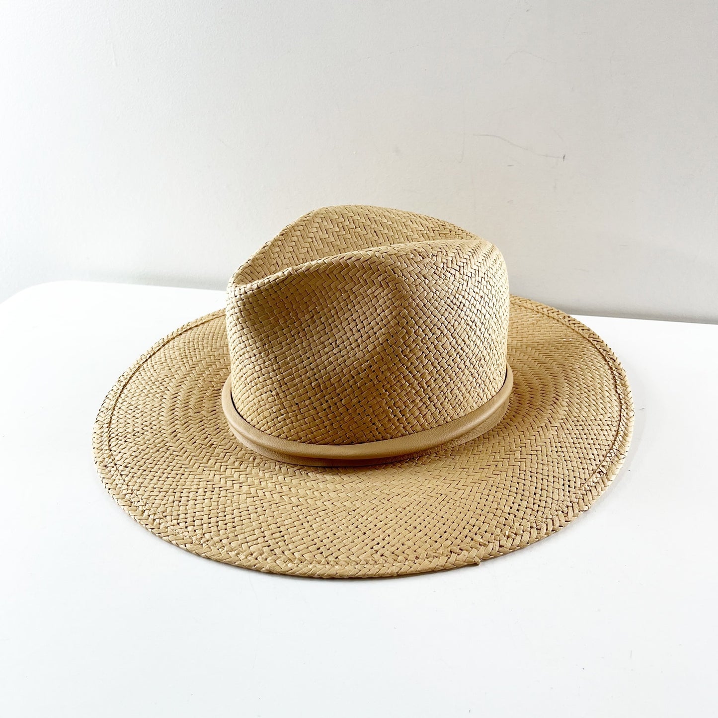 Janessa Leone Simone Woven Packable Straw Fedora Sun Hat Sand Beige Tan Small