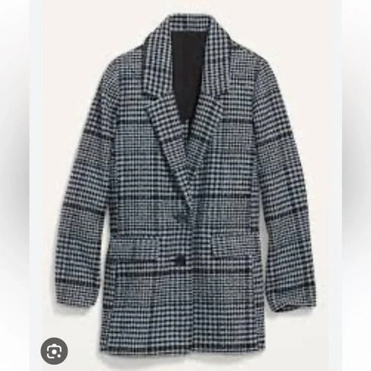 Old Navy Soft Brushed Oversized Single Breasted Plaid Blazer Jacket Gray Small