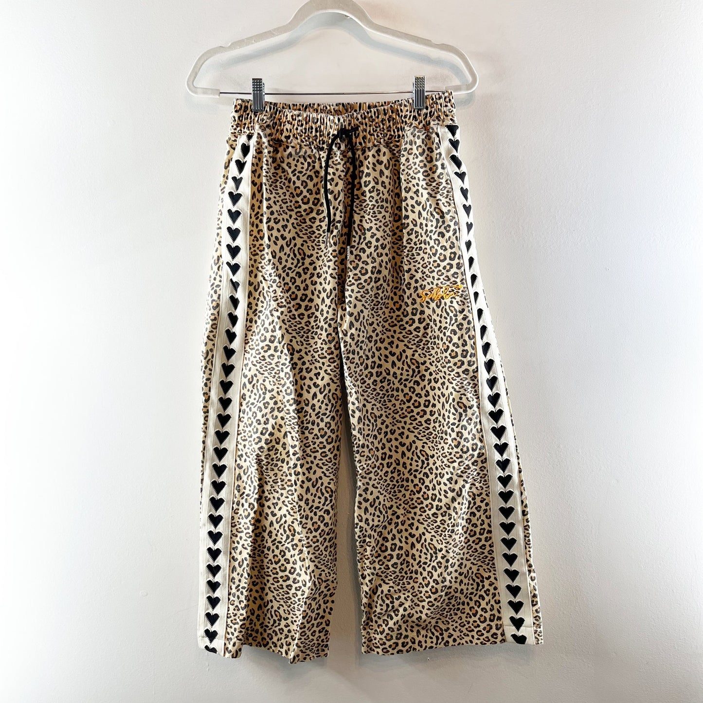Sabbi Raving Hearts Drill Wide Leg Pants in Leopard Print Tan Beige XS