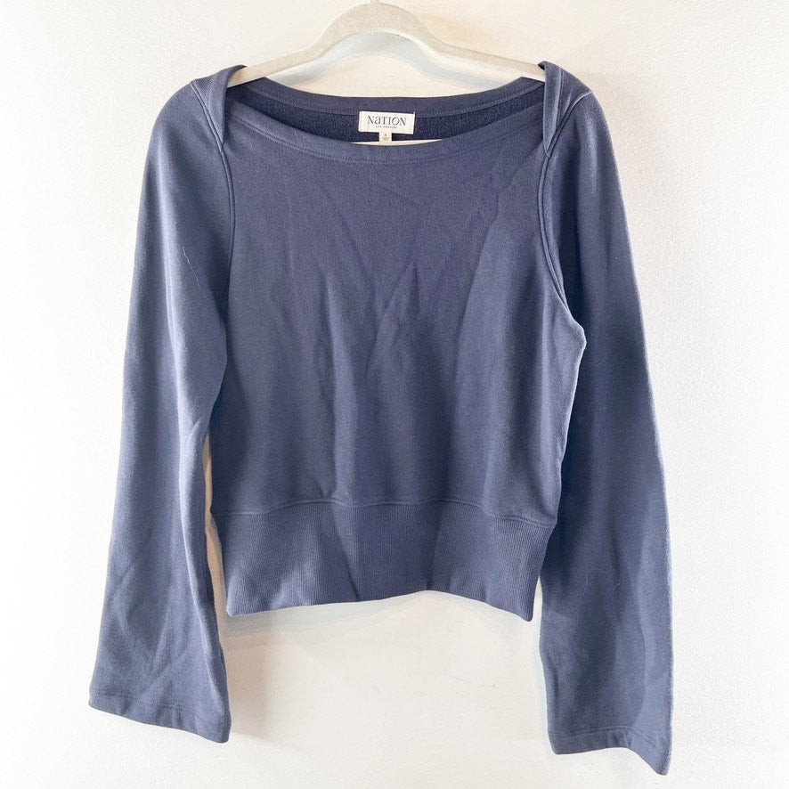 Nation Los Angeles Darlene Cotton Boatneck Long Sleeve Envelope Top Blue Small