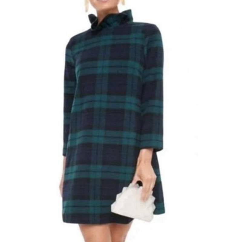 Tuckernuck Blackwatch Plaid Ruffle Trim Daphne Mini Shift Dress Green Blue XXL