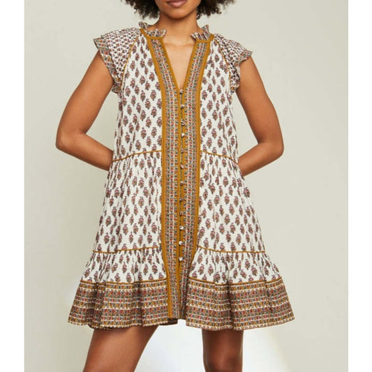 Veronica Beard Amoura Boho-Floral Flutter Sleeve Mini Dress Brown White 4