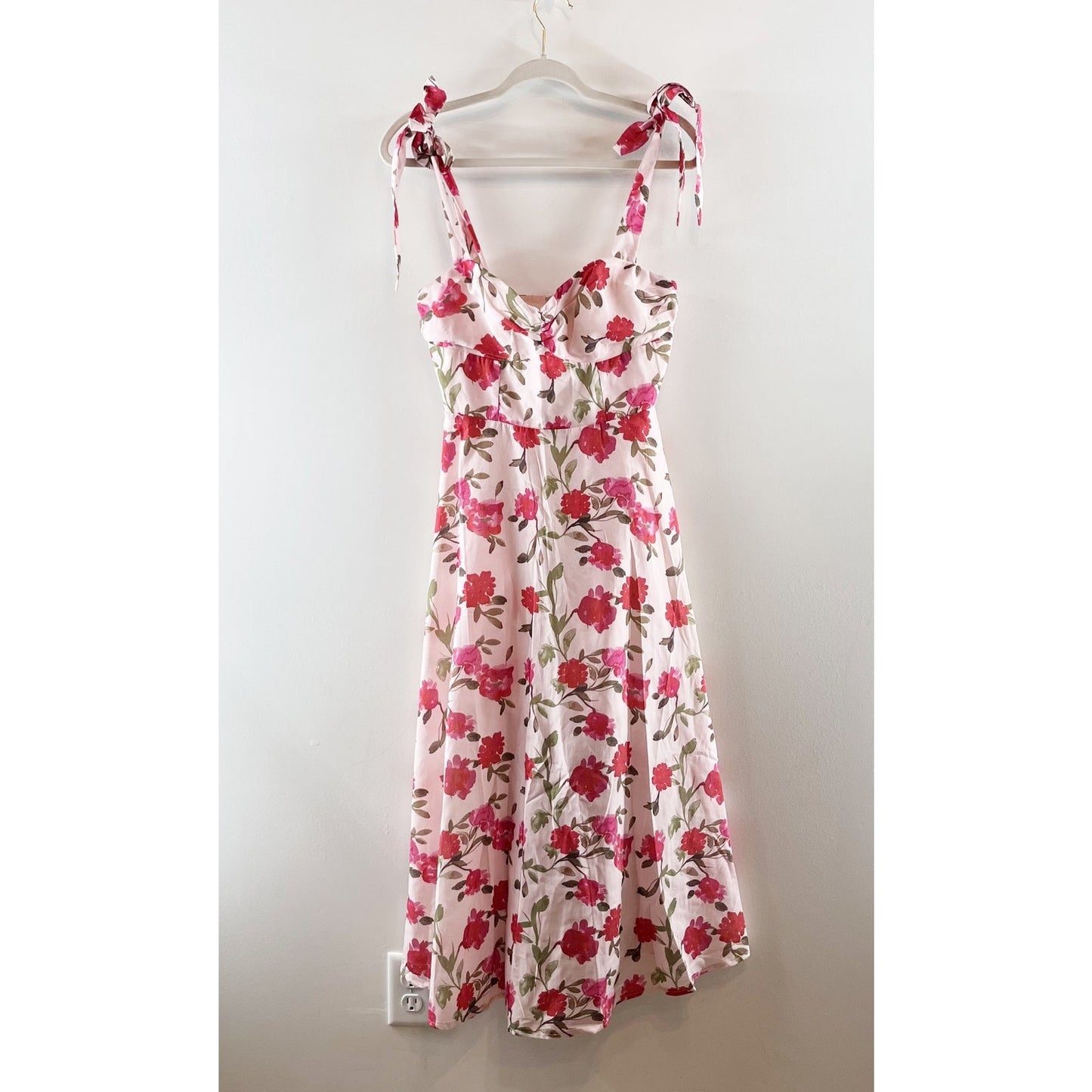Here Comes the Sun Floral Tie Strap Fit & Flare Midi Dress White Pink Medium