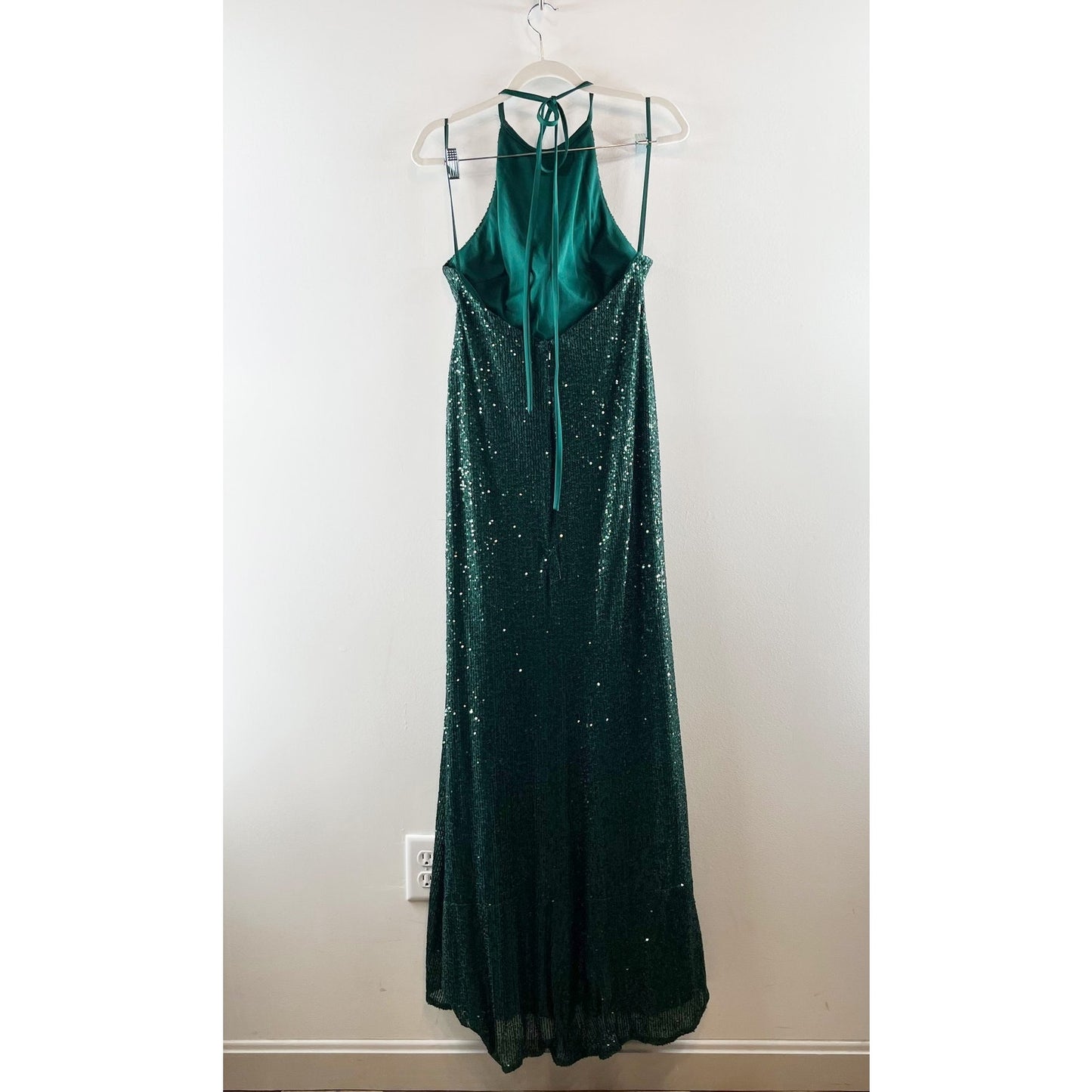 Ieena for Mac Duggal Sequin Formal Halter Maxi Gown Dress Bottle Green 10