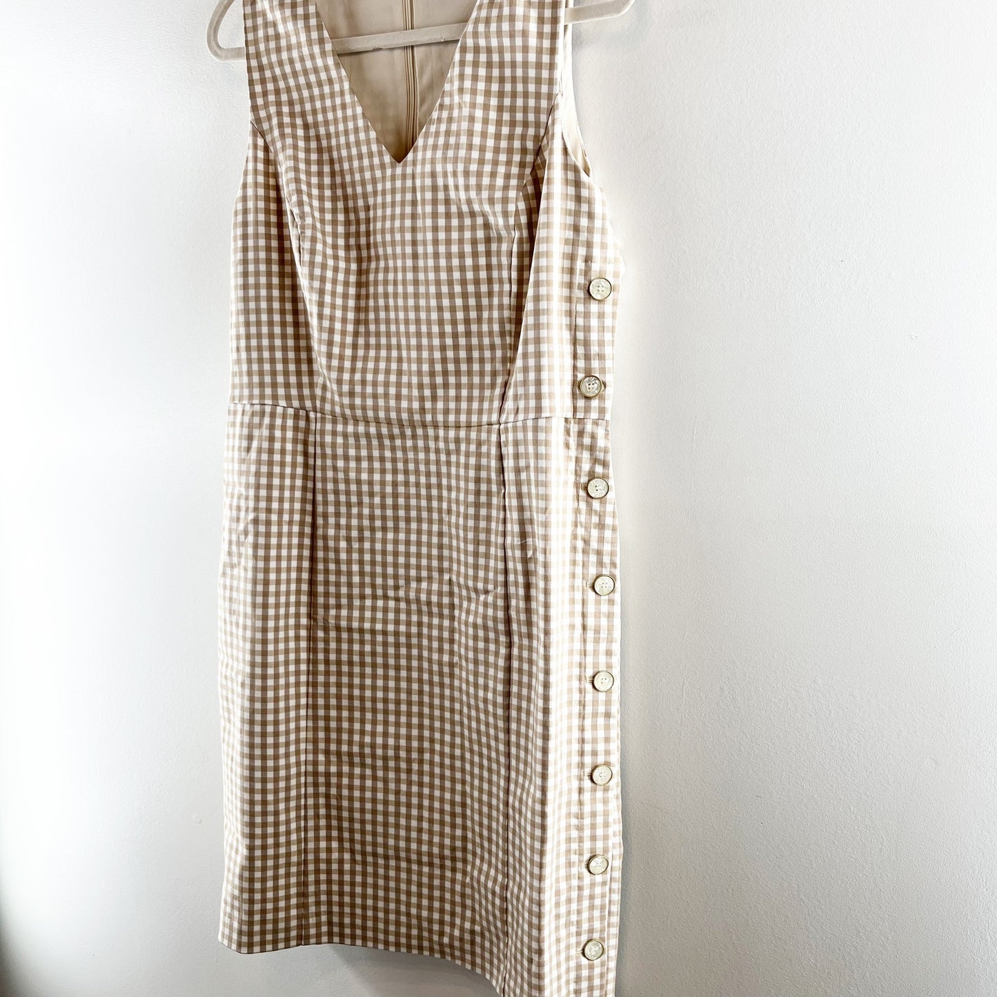J. McLaughlin Paulson Gingham Sleeveless V Neck Shift Mini Dress Tan Beige 12
