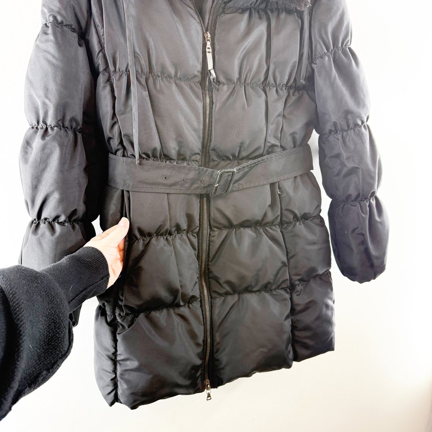 Prada Down Fur Trim Parka Puffer Coat Jacket Belted Black 42 / 12