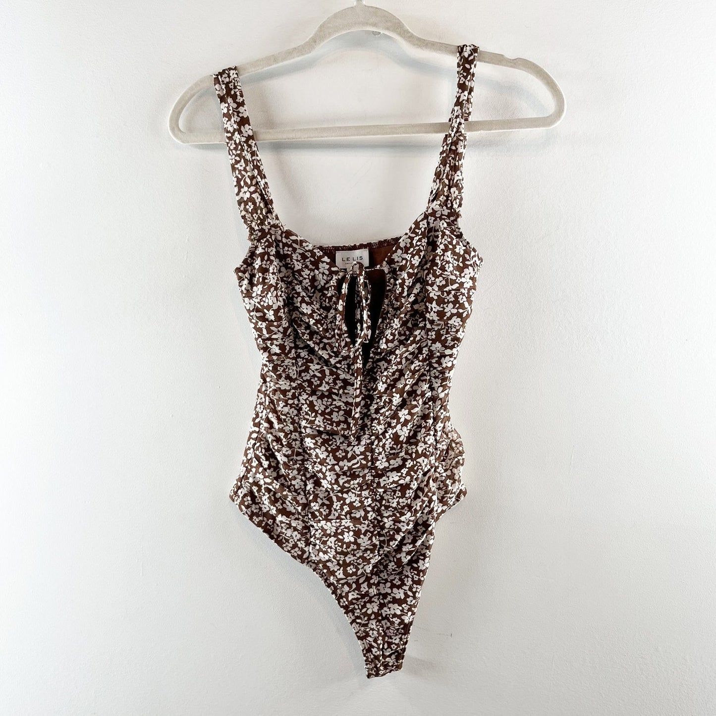 Le Lis Collection Floral Printed Mesh Keyhole Neck Tank Bodysuit Brown White S