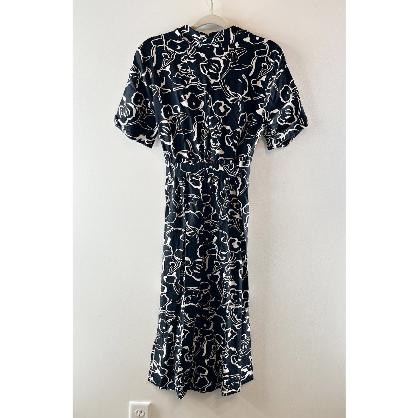 Melloday Floral Short Sleeve Belted Midi Shirt Dress Black White Large