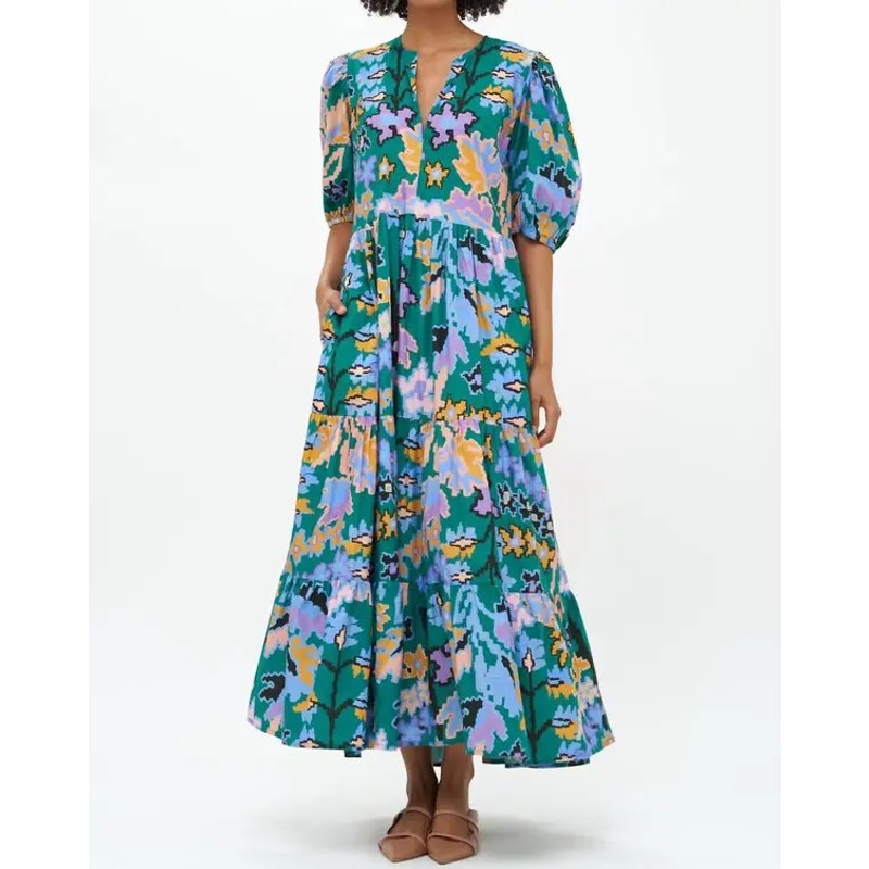 Oliphant 100% Cotton Puff Sleeve V-Neck Tiered Maxi Dress Bukhara Green XS