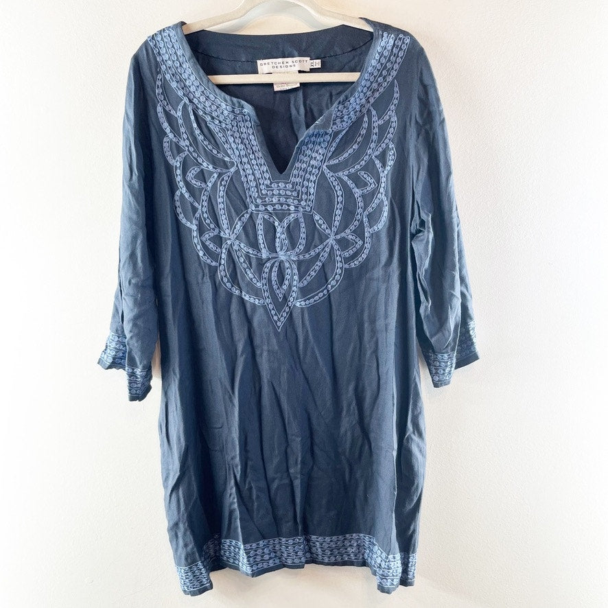 Gretchen Scott Designs Long Sleeve Embroidered Mini Tunic Dress Blue XL