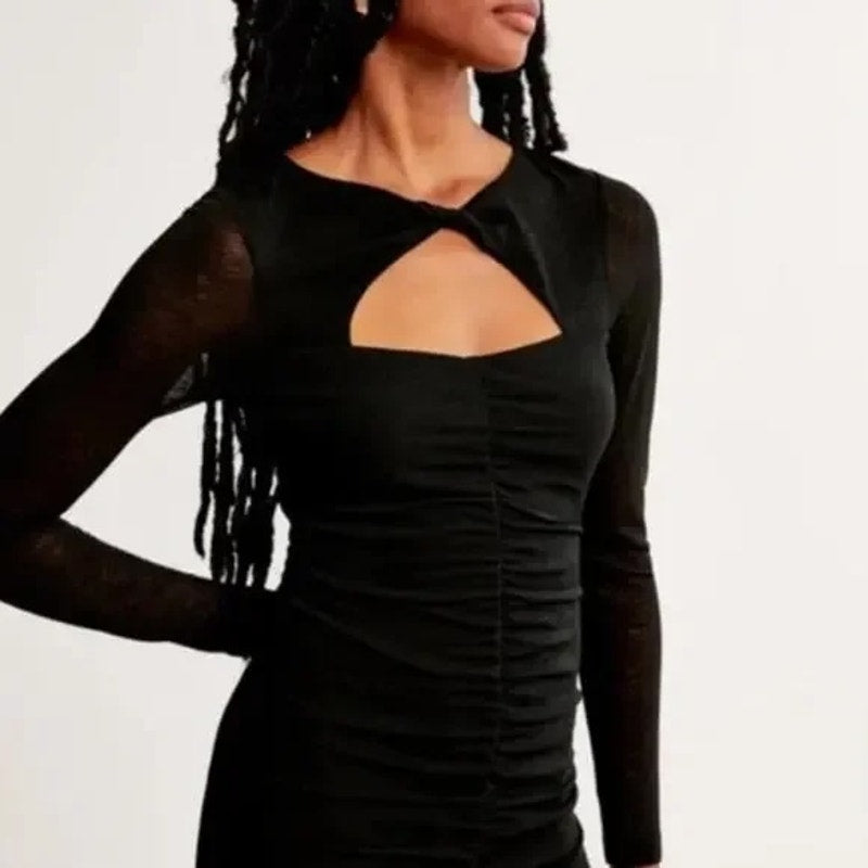 Abercrombie Long Sleeve Ruched Cutout Bodycon Midi Dress Black Medium