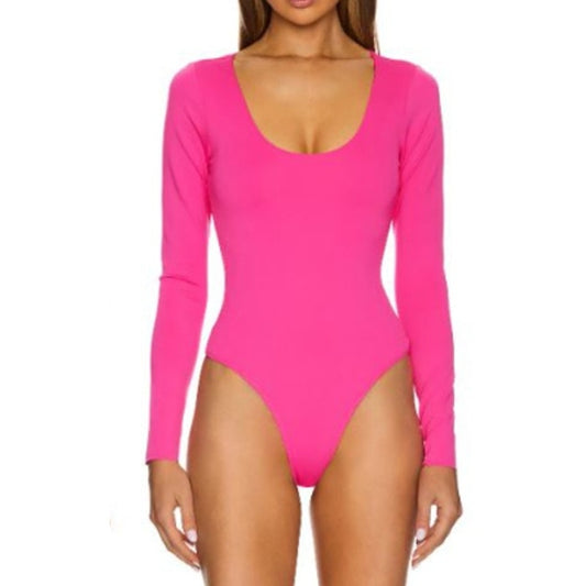 Good American Scuba Scoop Slim Long Sleeve Bodysuit Ballerina Pink Large