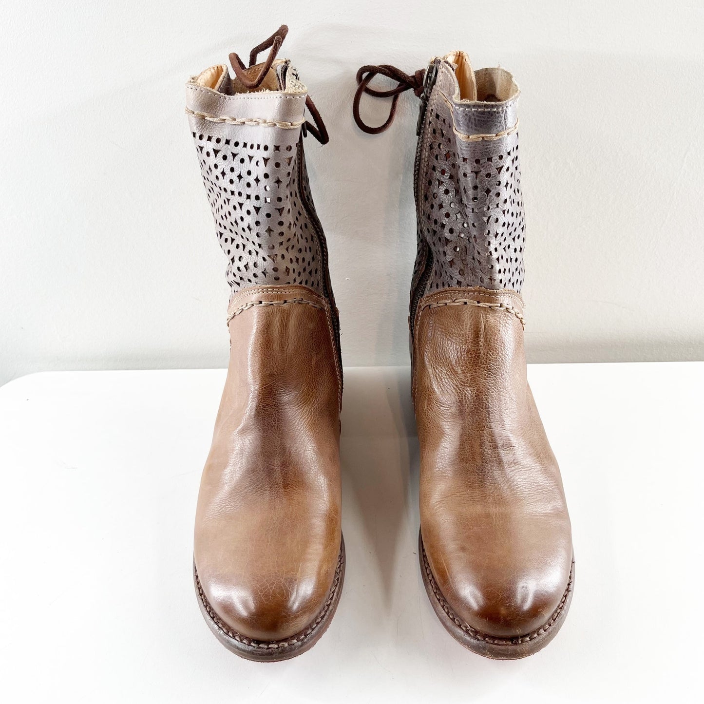 Bed Stu Cheshire Lace-Up Ankle Boots Tan Rustic Taupe Brown Leather 9.5