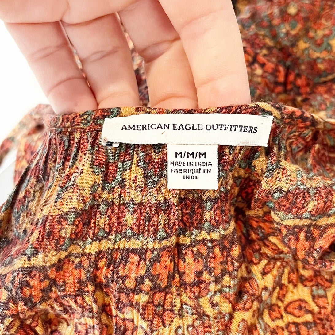 American Eagle Wide Leg Boho Print One Piece Sleeveless Jumpsuit Red Orange M