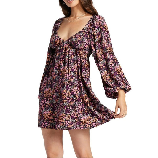 Roxy Long Sleeve V Neck Floral Sweetest Shores Mini Dress Black Pink Medium