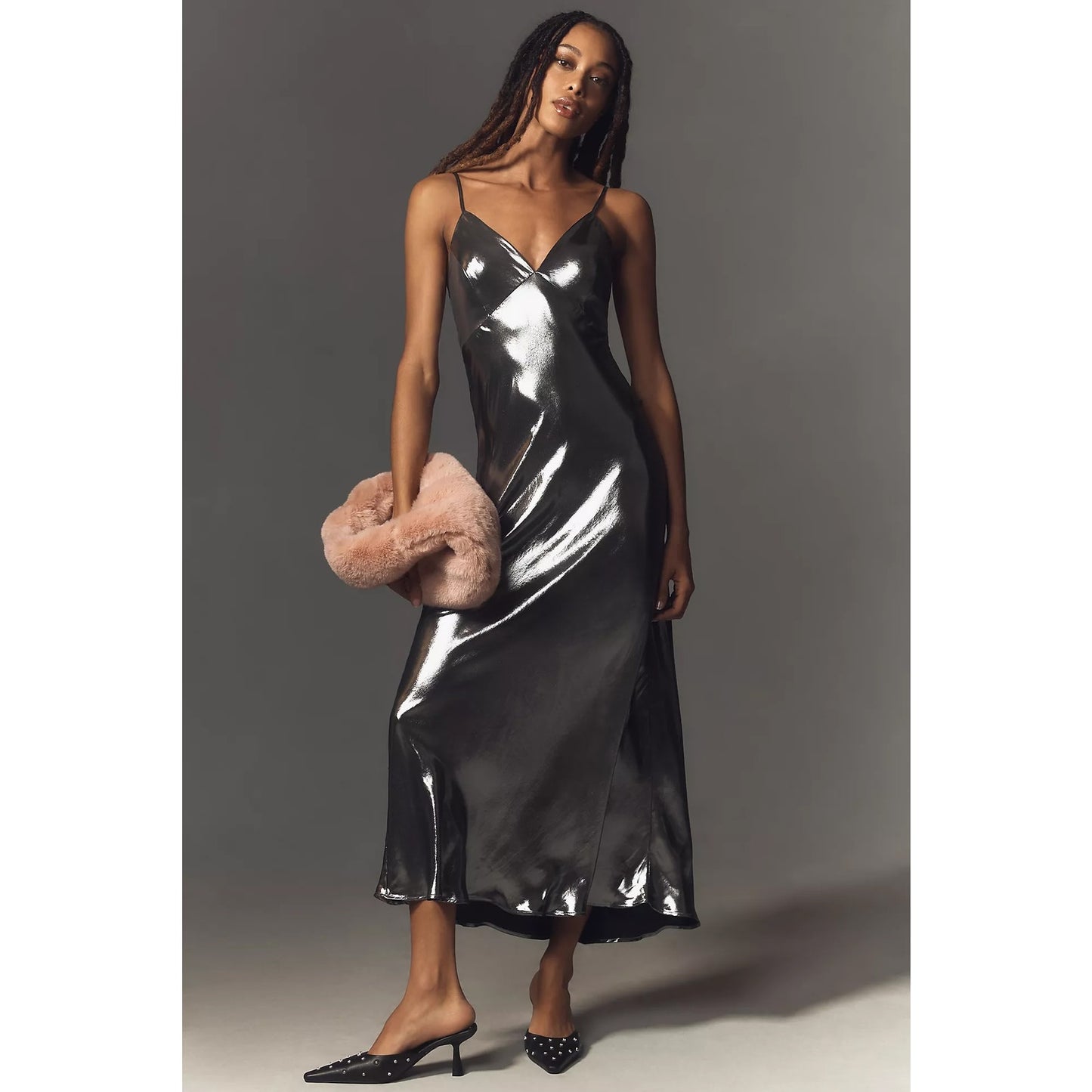 Anthropologie Metallic V Neck Slip Midi Dress Silver Gray XXS