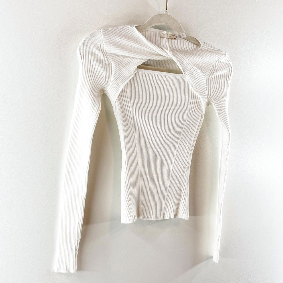 Ramy Brook Twist Detail Cut Out Long Sleeve Fitted Knit Sweater White XXS