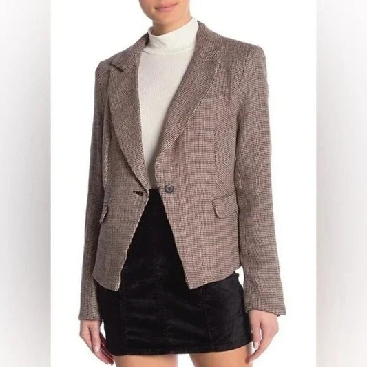 Free People Houndstooth Single Breasted Chess Linen Blazer Garnet Combo M