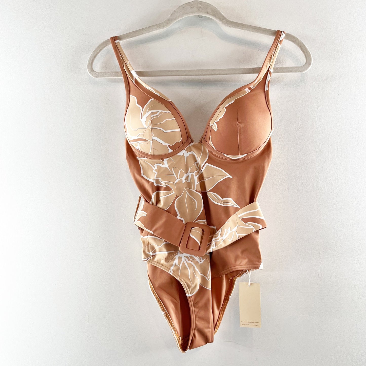 Hutch Underwire Belted Floral One Piece Swimsuit Bathing Suit Hazel Tan XS
