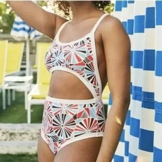 Aerie Cutout One Piece Swimsuit White Blue Red Large
