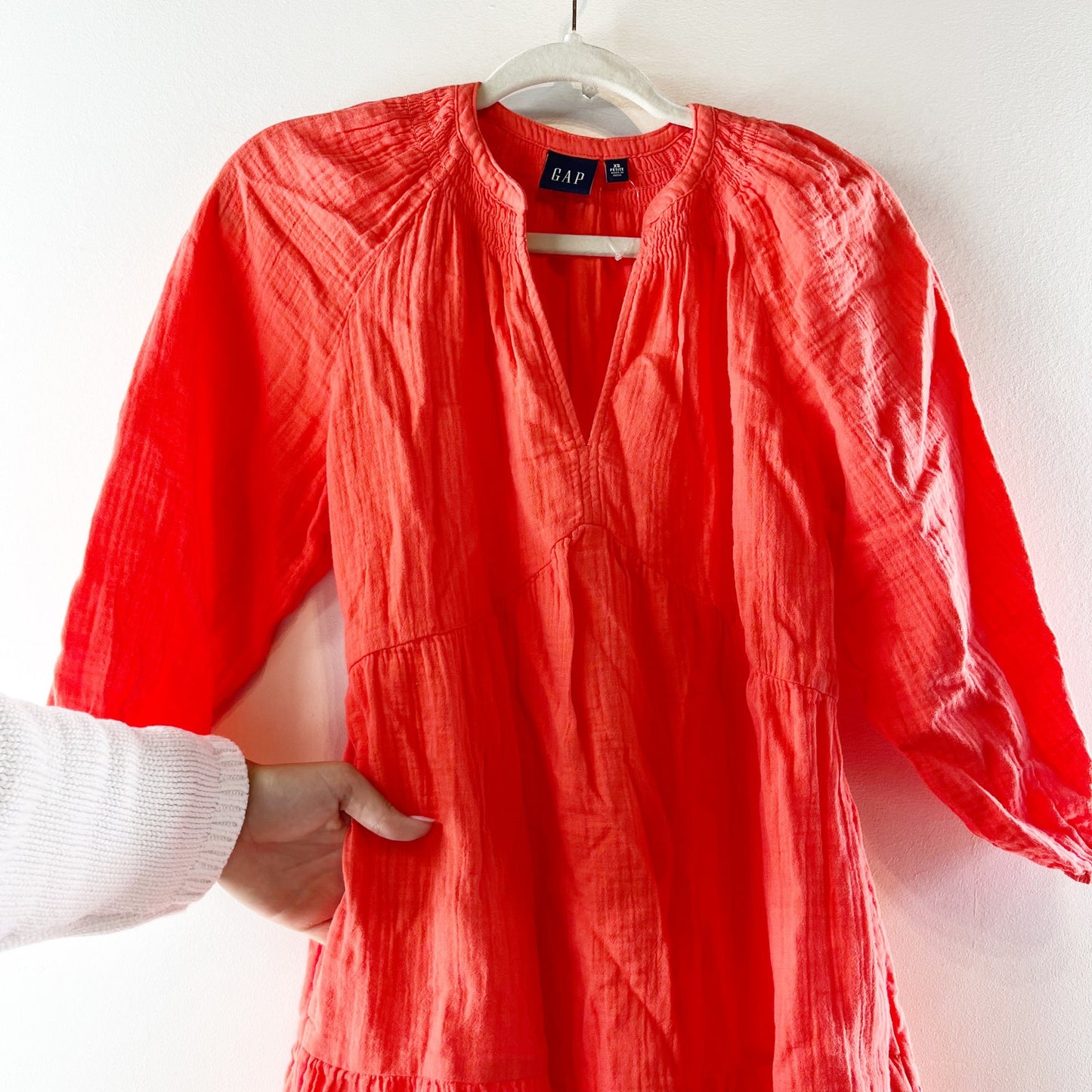 GAP Crinkle Gauze Tiered 3/4 Sleeve Mini Dress Fire Coral Orange XS Petite