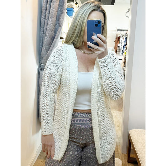 Lou & Gray Long Sleeve Crochet Knit Hooded Duster Cardigan Sweater Cream XS