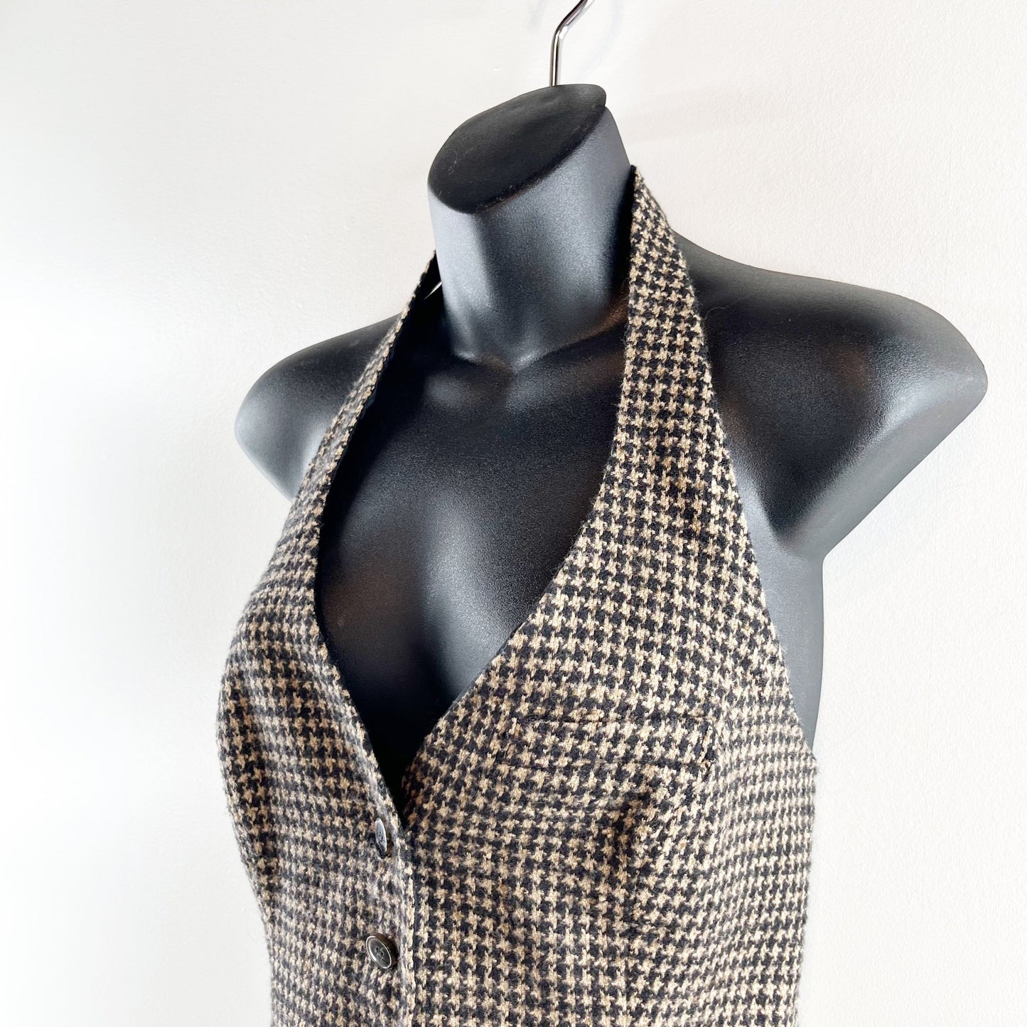 Anne Fontaine Paris Houndstooth Sleeveless Halter Waistcoat Vest Tan Black 40