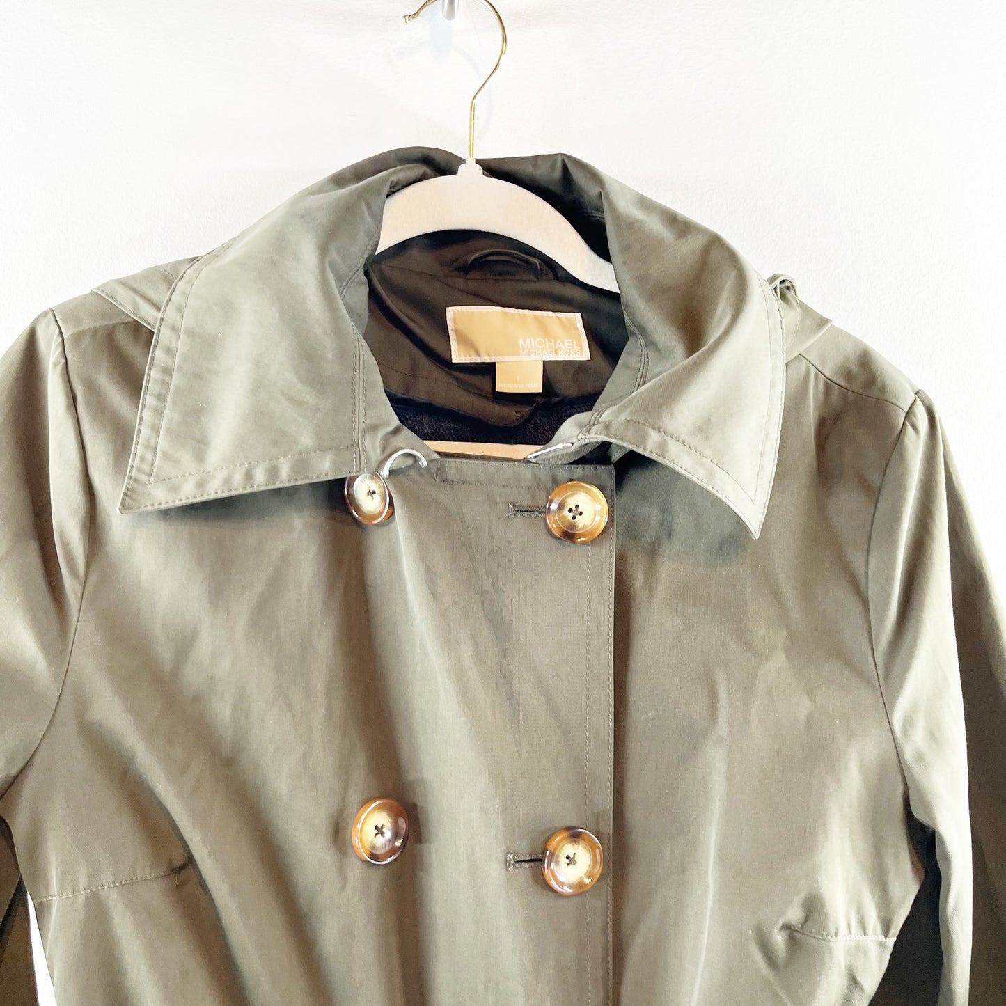 Michael Kors Belted Double Breasted Hooded Trench Coat Olive Green Small