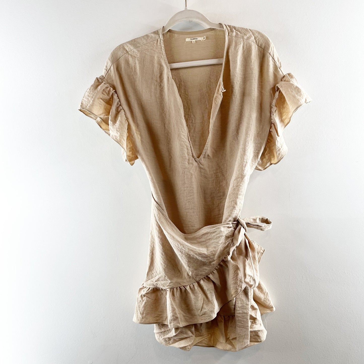 Tularosa Jenny Short Sleeve Ruffle Wrap Mini Dress Tan Khaki Small
