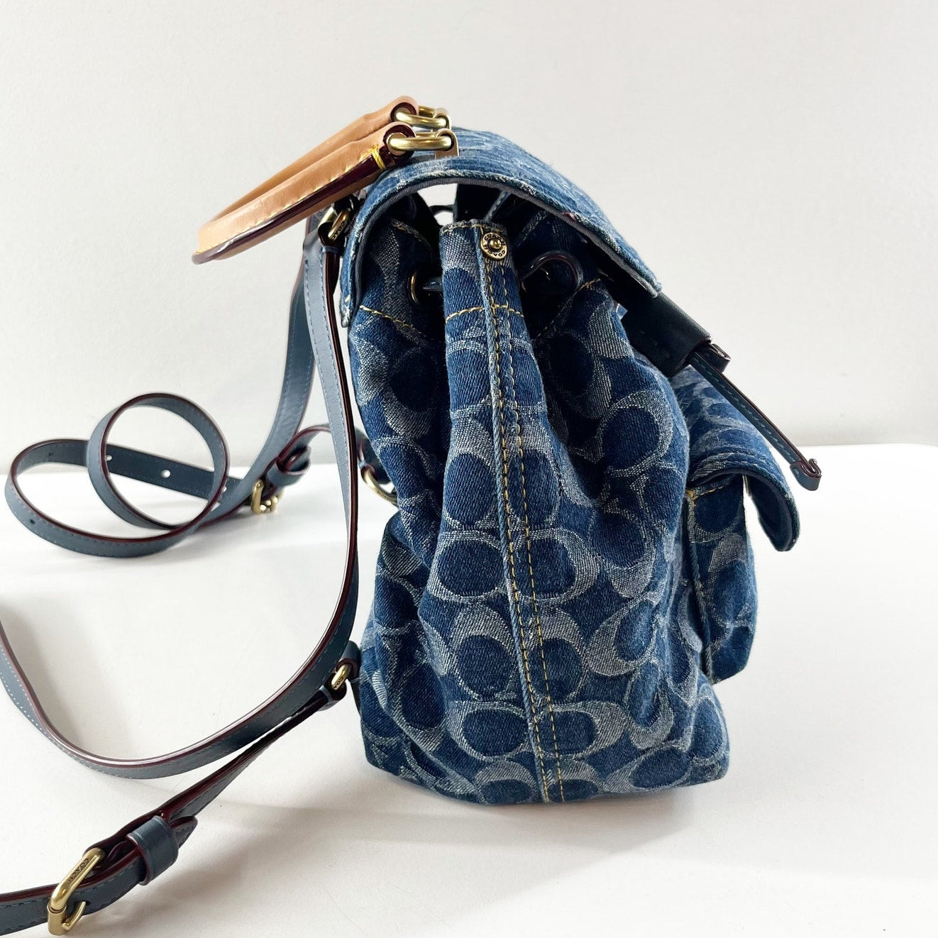 Coach Riya Signature Denim Backpack 21 Blue with Leather Top Handle