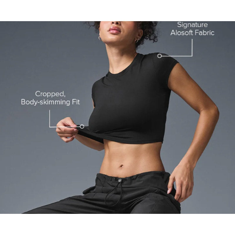 Alo Alo Alosoft Crop Finesse Short Sleeve Tee Shirt Top Black Small