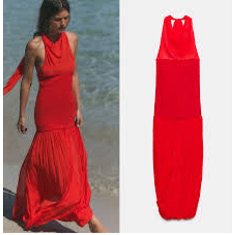Zara Combination Sleeveless Halter Neck Volume Maxi Dress Red Small