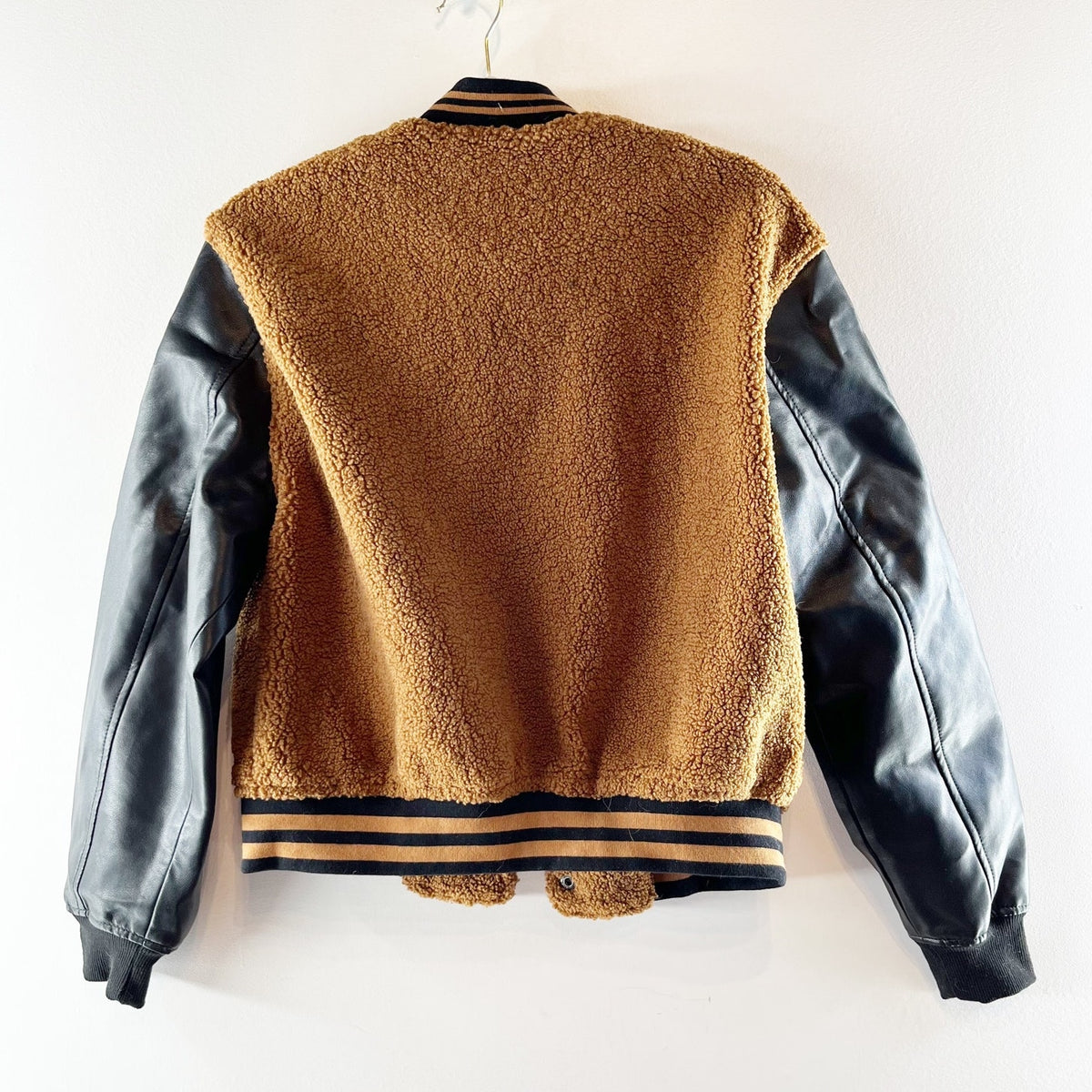 Blank NYC Sherpa Varsity Bomber Jacket Black Brown Cinnamon Spice Small