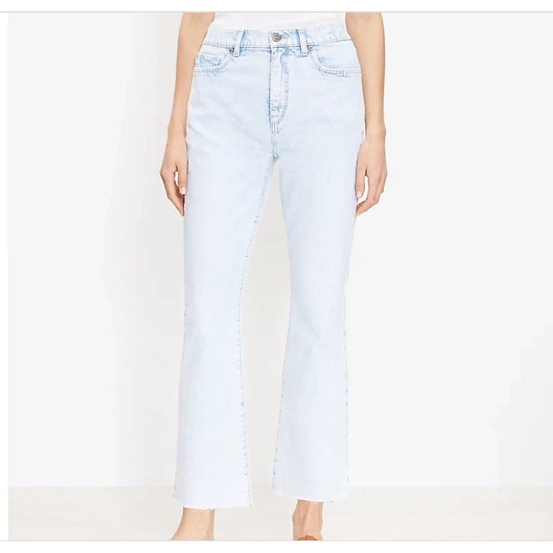 Loft High Waisted Denim Frayed Hem Kick Flare Cropped Jeans Blue 30 / 10