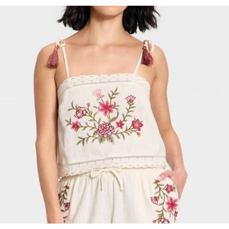 Universal Thread Floral Embroidered Sleeveless Tie Strap Tank Top Cream Medium