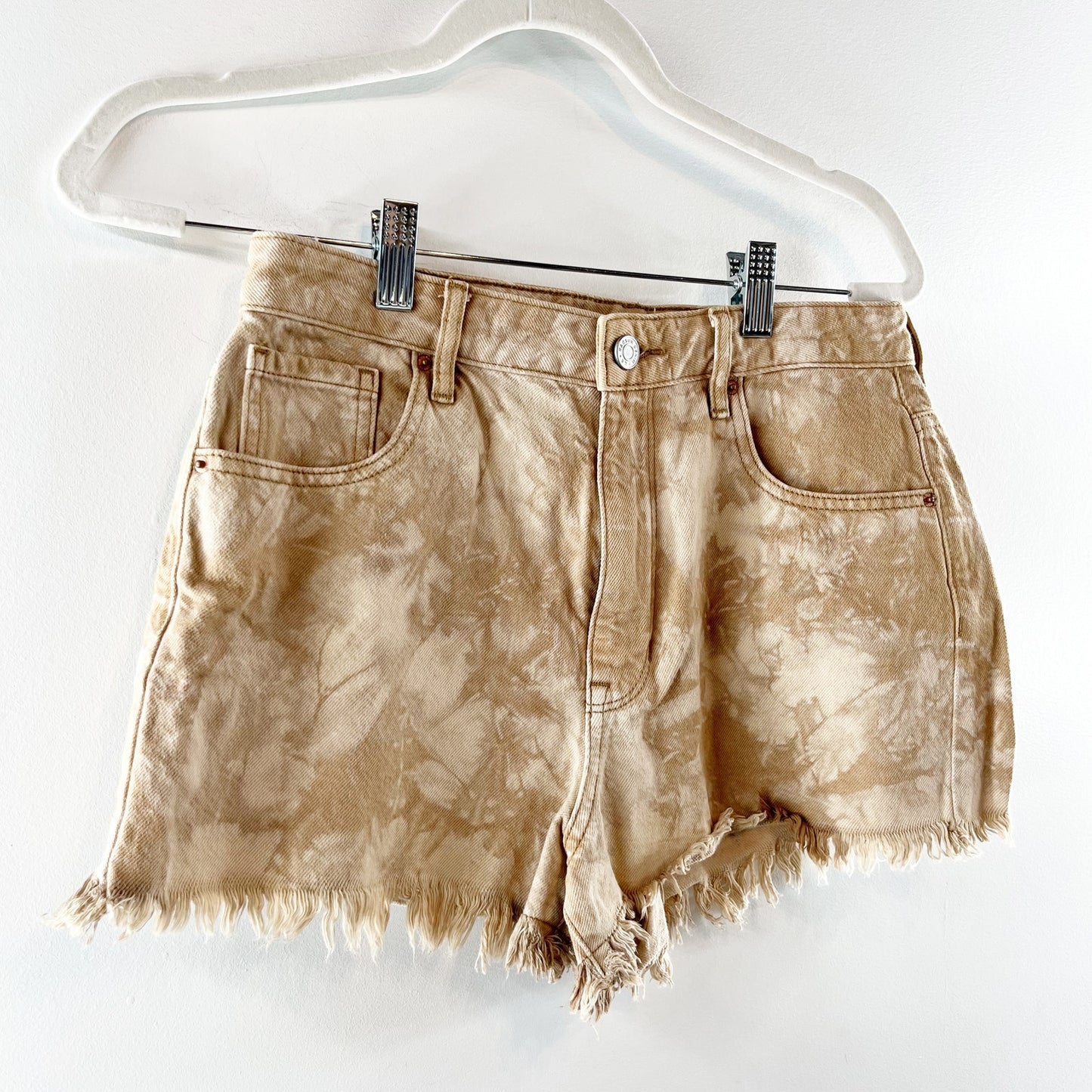 PacSun Sand Tie Dye High Waisted Frayed Denim Festival Shorts Beige Tan 6